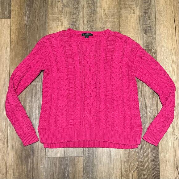 Lauren by Ralph Lauren Sweaters - Lauren Ralph Lauren Classic Cable knit V Neck Sweater M Pink Preppy Classic Logo